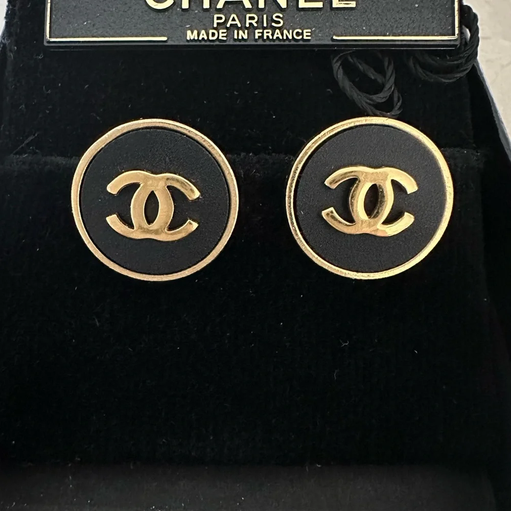 CHANEL Black and Gold Logo Earrings CC COCO Authentic Full Set - Picture 3 of 8